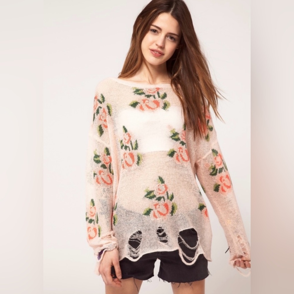 Wildfox white label destroyed rose sweater